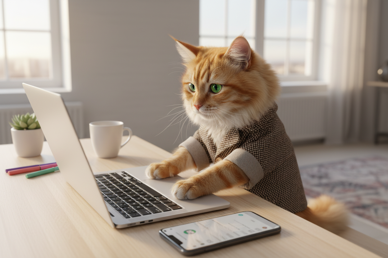 High-quality realistic photo of a cat interacting with a laptop and smartphone on a clean desk, as if writing an email or making a call. Modern, minimal interior, warm light, professional and friendly mood. Perfect for a contact page of a cat product online shop. No text, no logos.