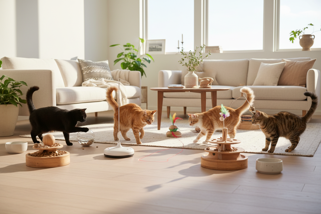 Modern lifestyle photo of multiple cats playing with interactive cat toys and food toys in a bright, minimal living room, warm light, realistic, premium, no text, no logos